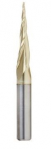 Amana Tool 46280-S CNC 2D and 3D Carving 6.2 Deg Tapered Angle Ball Nose x 1/32 D x 1/64 R x 1 CH x 1/4 SHK x 2-1/4 Inch Long x 3 Flute SC ZrN Coated Router Bit