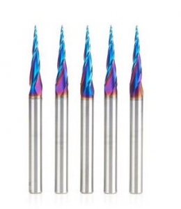 Amana Tool 46280-K-5 5-Pc CNC Solid Carbide Spektra Extreme Tool Life Coated Tapered Spiral 2D/3D Carving 1/32 Dia x 1/4 Inch SHK Router Bit Pack