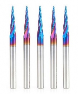 Amana Tool 46282-K-5 5-Pc CNC Solid Carbide Spektra Extreme Tool Life Coated Tapered Spiral 2D/3D Carving 1/16 Dia x 1/4 Inch SHK Router Bit Pack