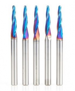 Amana Tool 46286-K-5 5-Pc CNC Solid Carbide Spektra Extreme Tool Life Coated Tapered Spiral 2D/3D Carving 1/8 Dia x 1/4 Inch SHK Router Bit Pack