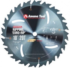 Amana Tool RB1020C Electro-Blu Carbide Tipped Euro Rip With Cooling Slots 10 Inch D x 20T FT, 18 Deg, 5/8 Bore, Non-Stick Coated Circular Saw Blade