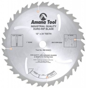 Amana Tool RB1224 Carbide Tipped Euro Rip With Cooling Slots 12 Inch D x 24T FT, 18 Deg, 1 Inch Bore, Circular Saw Blade