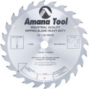 Amana Tool 712240 Carbide Tipped Heavy-Duty Ripping 12 Inch D x 24T FT, 18 Deg, 1 Inch Bore, Circular Saw Blade