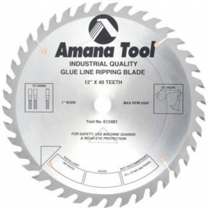 Amana Tool 612401 Carbide Tipped Glue Line Ripping 12 inch D x 40T TCG, 22 Deg, 1 Inch Bore, Circular Saw Blade