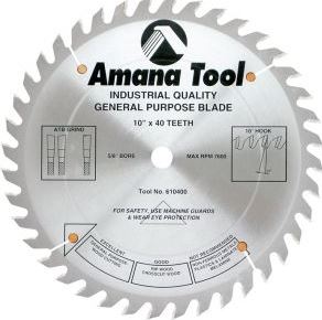Amana Tool 610400 Carbide Tipped General Purpose 10 Inch Dia x 40T ATB, 15 Deg, 5/8 Bore, Circular Saw Blade