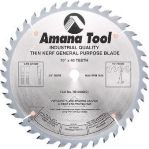 Amana Tool TB10400 Carbide Tipped Thin Kerf General Purpose 10 Inch D x 40T ATB, 15 Deg, 5/8 Bore, Circular Saw Blade