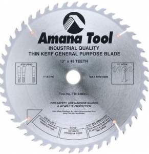 Amana Tool TB12480 Carbide Tipped Thin Kerf General Purpose 12 Inch D x 48T ATB, 15 Deg, 1 Inch Bore, Circular Saw Blade