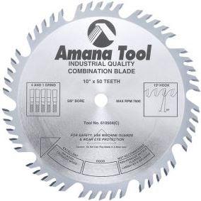 Amana Tool 610504 Carbide Tipped Combination Ripping and Crosscut 10 Inch D x 50T 4+1, 15 Deg, 5/8 Bore, Circular Saw Blade