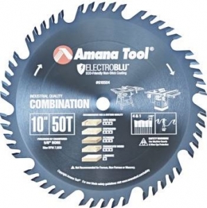 Amana Tool 610504C Electro-Blu Carbide Tipped Combination Ripping and Crosscut 10 Inch D x 50T 4+1, 15 Deg, 5/8 Bore, Non-Stick Coated Circular Saw Blade