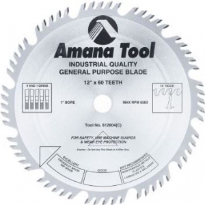 Amana Tool 612604 Carbide Tipped Combination Ripping and Crosscut 12 Inch D x 60T 4+1, 15 Deg, 1 Inch Bore, Circular Saw Blade