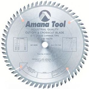 Amana Tool 610600 Carbide Tipped Cut-Off and Crosscut 10 Inch D x 60T ATB, 10 Deg, 5/8 Bore, Circular Saw Blade
