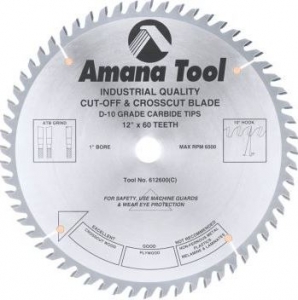 Amana Tool 612600 Carbide Tipped Cut-Off and Crosscut 12 Inch D x 60T ATB, 10 Deg, 1 Inch Bore, Circular Saw Blade