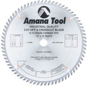 Amana Tool 612720 Carbide Tipped Cut-Off and Crosscut 12 Inch D x 72T ATB, 10 Deg, 1 Inch Bore, Circular Saw Blade