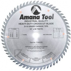 Amana Tool 712601 Carbide Tipped Cut-Off and Crosscut 12 Inch D x 60T TCG, 15 Deg, 1 Inch Bore, Circular Saw Blade