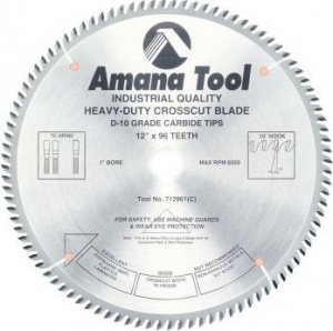Amana Tool 712961 Carbide Tipped Cut-Off and Crosscut 12 Inch D x 96T TCG, 10 Deg, 1 Inch Bore, Circular Saw Blade