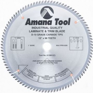 Amana Tool 612961 Carbide Tipped Fine Cut-Off and Crosscut 12 Inch D x 96T TCG, 10 Deg, 1 Inch Bore, Circular Saw Blade
