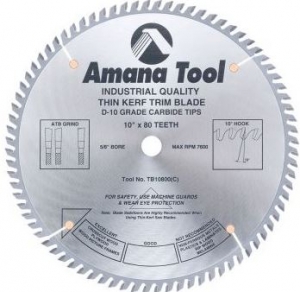 Amana Tool TB10800 Carbide Tipped Thin Kerf Trim 10 Inch D x 80T ATB, 10 Deg, 5/8 Bore, Circular Saw Blade