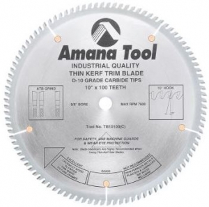 Amana Tool TB10100 Carbide Tipped Thin Kerf Trim 10 Inch D x 100T ATB, 10 Deg, 5/8 Bore, Circular Saw Blade