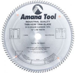 Amana Tool TB12960 Carbide Tipped Thin Kerf Trim 12 Inch D x 96T ATB, 10 Deg, 1 Inch Bore, Circular Saw Blade