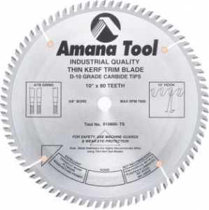 Amana Tool 610800-TS Carbide Tipped Thin Kerf Miter 10 Inch D x 80T ATB, 10 Deg, 5/8 Bore, Circular Saw Blade