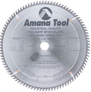 Amana Tool 612960-TS Carbide Tipped Thin Kerf Miter 12 Inch D x 96T ATB, 10 Deg, 1 Inch Bore, Circular Saw Blade