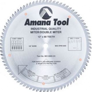 Amana Tool MS12800-5/8 Carbide Tipped Miter 12 Inch D x 80T 4+1 ATB, -2 Deg, 5/8 Bore, Circular Saw Blade