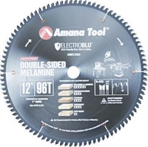 Amana Tool MB12960C Electro-Blu Carbide Tipped Double-Face Melamine 12 Inch D x 96T H-ATB, -6 Deg, 1 Inch Bore, Non-Stick Coated Circular Saw Blade