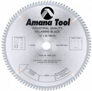 Amana Tool MSB1296 Carbide Tipped Double-Face Melamine 12 Inch D x 96T H-ATB, -2 Deg, 1 Inch Bore, Circular Saw Blade