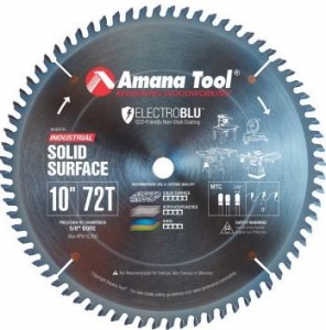 Amana Tool 610721C Electro-Blu Carbide Tipped Solid Surface 10 Inch D x 72T M-TCG, 0 Deg, 5/8 Bore, Non-Stick Coated Circular Saw Blade