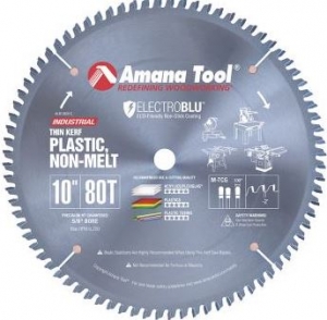 Amana Tool LB10801C Electro-Blu Carbide Tipped Non-Melt Plastic 10 Inch D x 80T M-TCG, -2 Deg, 5/8 Bore, Non-Stick Coated Circular Saw Blade