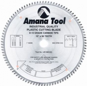 Amana Tool LB12961 Carbide Tipped Non-Melt Plastic 12 Inch D x 96T M-TCG, -2 Deg, 1 Inch Bore, Circular Saw Blade