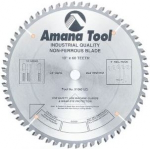 Amana Tool 510601 Carbide Tipped Aluminum and Non-Ferrous Metals 10 Inch D x 60T TCG, -6 Deg, 5/8 Bore, Circular Saw Blade