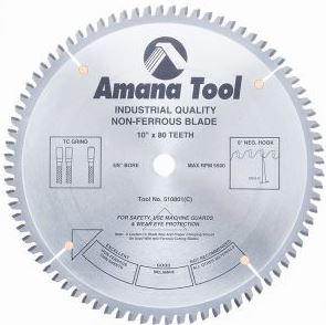 Amana Tool 510801 Carbide Tipped Aluminum and Non-Ferrous Metals 10 Inch D x 80T TCG, -6 Deg, 5/8 Bore, Circular Saw Blade