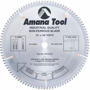 Amana Tool 510101 Carbide Tipped Aluminum and Non-Ferrous Metals 10 Inch D x 100T TCG, -6 Deg, 5/8 Bore, Circular Saw Blade