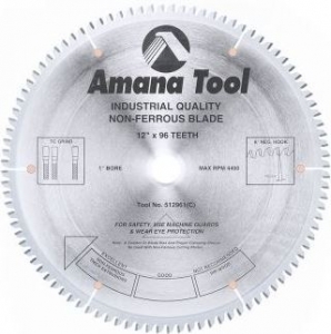 Amana Tool 512961 Carbide Tipped Aluminum and Non-Ferrous Metals 12 Inch D x 96T TCG, -6 Deg, 1 Inch Bore, Circular Saw Blade