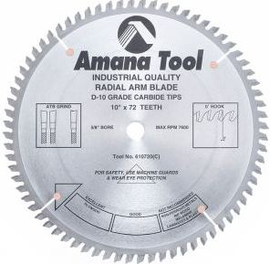 Amana Tool 610720 Carbide Tipped Radial Arm 10 Inch D x 72T ATB, 0 Deg, 5/8 Bore Circular Saw Blade