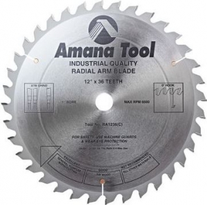 Amana Tool RA1236 Carbide Tipped Radial Arm 12 Inch D x 36T ATB, 0 Deg, 1 Inch Bore Circular Saw Blade