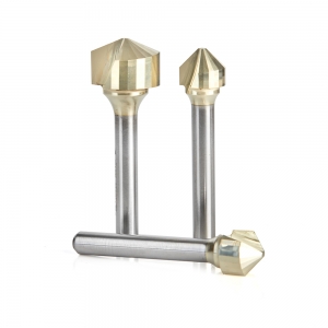AMS-218 3-Pc ACM Carbide (Brazed to Steel Shank) Double Edge Folding V-Groove Zirconium Nitride (ZrN) Coated Router Bits Collection includes 45745 (90°), 45781 (108°) & 45741 (135°) (1/4" shank)