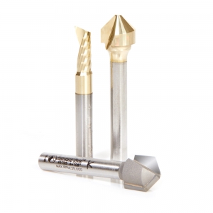 AMS-213 3-Pc ACM Carbide (Brazed to Steel Shank) Double Edge Folding V-Groove Zirconium Nitride (ZrN) Coated Router Bits Collection includes 45745 (90°), 45795 (108°) & 51402-Z (1/4" shank)