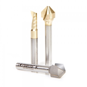 AMS-213 3-Pc ACM Carbide (Brazed to Steel Shank) Double Edge Folding V-Groove Zirconium Nitride (ZrN) Coated Router Bits Collection includes 45745 (90&deg;), 45795 (108&deg;) & 51402-Z (1/4" shank)