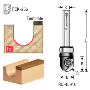RC-45910 1/2" CD x 1/4" Radius x 1/2" CL x 1/4" Shank x 2-1/8" OAL Core Box RCK-266 Repl. Knives 47701 Repl. BB