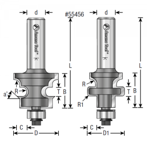 55456 5/8" to 3/4" Material Size x 1-13/64" CD x 1" D1 x 45&deg; Angle x 1/8" Radius x 1/16" R1 x 1/4" T x 1/4" C x 15/16" CL x 1/2" Shank x 2-7/8" OAL
