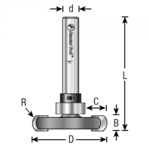 45678 1-1/4" CD x 1/8" Radius x 5/16" C x 1/4" CL x 1/4" Shank x 1-7/8" OAL 47712 Repl. Bearing x 47724 Repl. Collar x Rounded