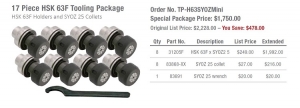 17 Piece HSK 63F Tooling Package HSK 63F Holders and SYOZ 25 Collets Order No. TP-H63SYOZMini