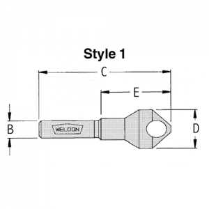 WELDC-14 1 Style x 3/16" Diameter of cut Min. x 13/32" Diameter of cut Max. x 1/4" Shank B x 1-3/4" OAL C x 7/16" D x 7/8" E 60 degree Deburring Tool